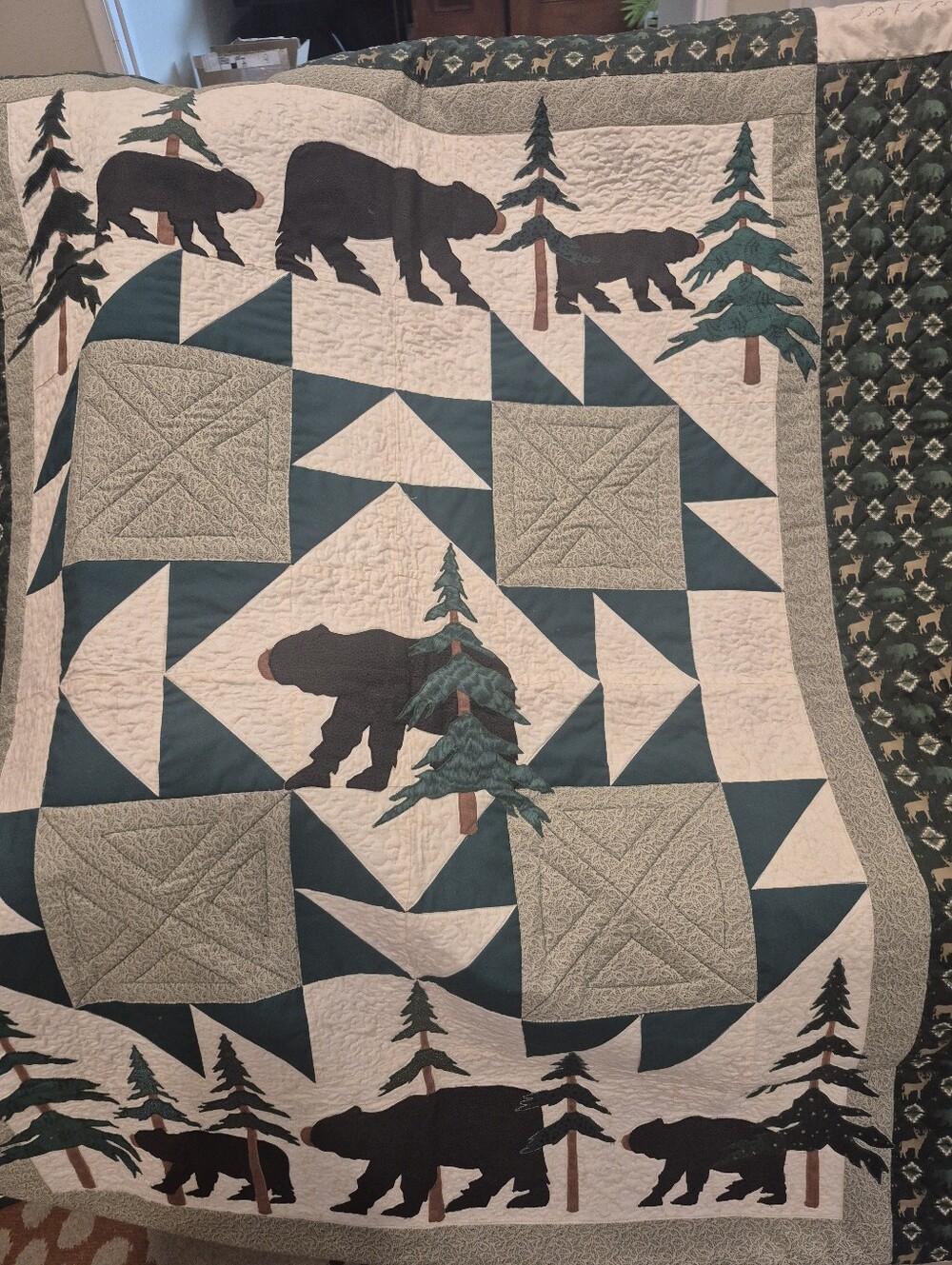 Handmade Bear & Pine Tree Patchwork Quilt - Green, Cream, Brown. 48 X 62